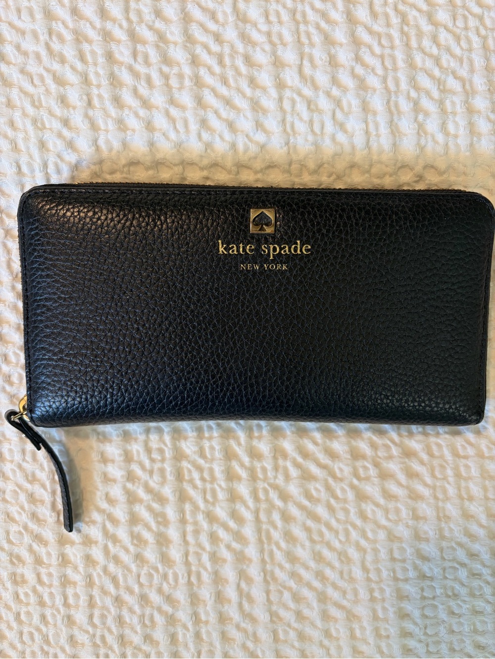 kate spade Black Pebbled Leather Zip Around Wallet with Gold Logo